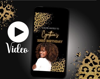 Black and Gold Leopard Birthday Video Evite, Wild Theme (Digital)