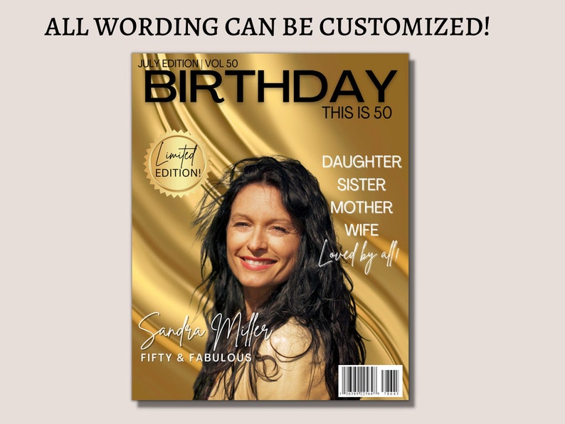 Może przedstawiać: Złota okładka czasopisma z tekstem "Birthday This is 50" i zdjęciem kobiety z tekstem "Sandra Miller Fifty & Fabulous".