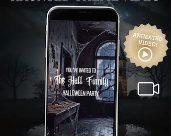May include: A smartphone displays a haunted house scene with cobwebs, a candelabra, and the text "You're invited to The Hall Family Halloween Party." The words "Haunted Theme Video" are at the top. An animated video icon is on the right.