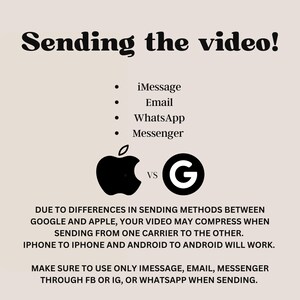 May include: A black and white illustration of an Apple logo and a Google logo with the text "Sending the video!" above the logos. The text "iMessage, Email, WhatsApp, Messenger" is listed below the logos. The text "DUE TO DIFFERENCES IN SENDING METHODS BETWEEN GOOGLE AND APPLE, YOUR VIDEO MAY COMPRESS WHEN SENDING FROM ONE CARRIER TO THE OTHER. IPHONE TO IPHONE AND ANDROID TO ANDROID WILL WORK." is below the logos. The text "MAKE SURE TO USE ONLY IMESSAGE, EMAIL, MESSENGER THROUGH FB OR IG, OR WHATSAPP WHEN SENDING." is below the logos.