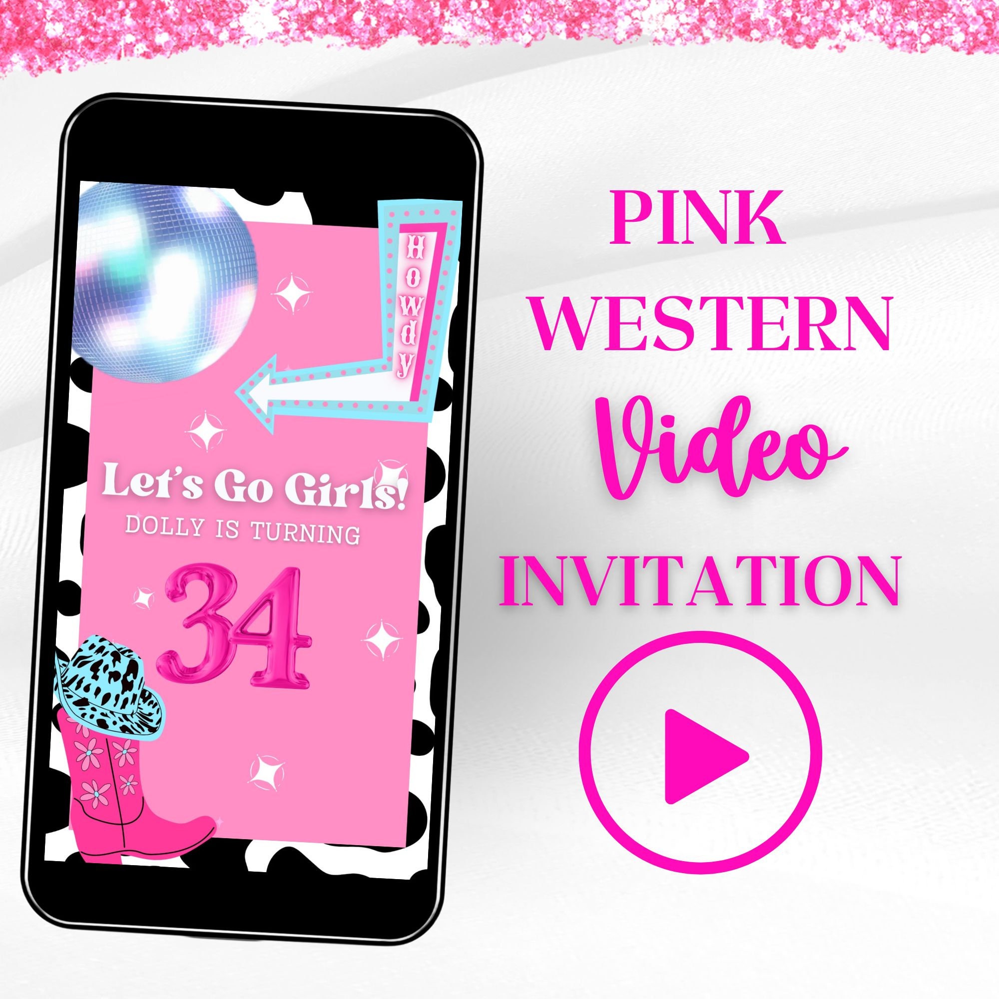 Cowgirl Video Invite Western Invitation Pink Western Invite Video Invite Video Evite Nashville Invite Lets go Girls