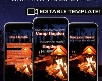 Camping Birthday Invite, Camping Video Invite, Birthday Camp, Camping Theme Invite, Canva Template