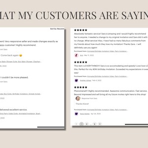 May include: Five-star reviews for animated birthday invitations. Customers praise the seller's responsiveness, speed, and quality of the invitations. The reviews include comments like "Best $10 I ever spent!" and "This item is EVERYTHING!!!".
