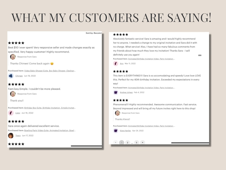 May include: Five-star reviews for animated birthday invitations. Customers praise the seller's responsiveness, speed, and quality of the invitations. The reviews include comments like "Best $10 I ever spent!" and "This item is EVERYTHING!!!".