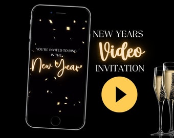 May include: A black smartphone screen with gold confetti and the text "You're invited to ring in the New Year". The screen is on a black background. A play button icon is on a yellow circle with a black background. Two champagne flutes with champagne are on a black background.