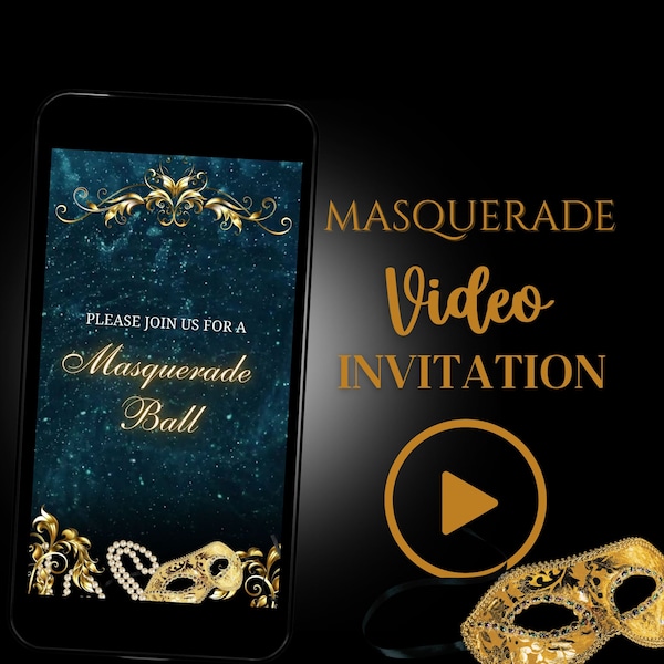 Masquerade Video Invitation, Masquerade Ball Invite, Masquerade Party, Masquerade Birthday, Green and Gold, Emerald Green Invite, Video