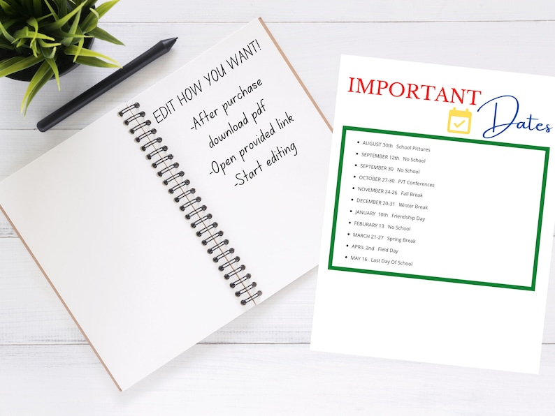 May include: A green and white printable calendar with the text "Important Dates" and a checklist icon. The calendar lists important school dates for the year, including school pictures, no school days, conferences, and holidays.