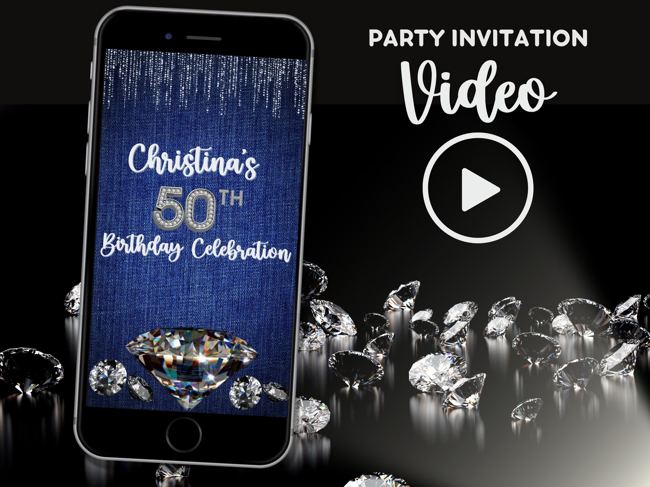 Denim and Diamonds Party Invitation Video Invite Video evite Video Invitation Denim Party Diamond Theme blue and silver