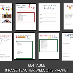 Teacher Welcome Packet, 8 pages, Back To School Packet, Meet Your Teacher, First Day Of School, Teacher Forms, Welcome Template