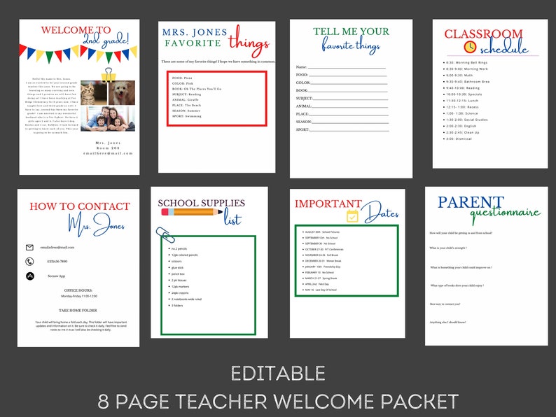 May include: Editable 8-page teacher welcome packet with a red, white, and blue color scheme. The packet includes pages for a welcome message, classroom schedule, school supplies list, important dates, a parent questionnaire, and a "Tell Me Your Favorite Things" page.