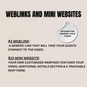 May include: A graphic with the text "Weblinks and Mini Websites" and two options for sending a video. The first option is a $3 weblink, which is a generic link that will take guests straight to the video. The second option is a $15 mini website, which is a customized webpage that features the video, additional details, and a trackable RSVP form.