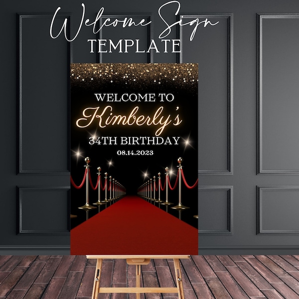 Red Carpet Welcome Sign Template, Welcome Sign Template, Canva Template, Birthday Sign, Editable Welcome Sign, Adult Birthday Sign