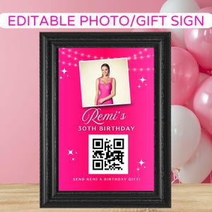 May include: A framed pink birthday sign with the text "EDITABLE PHOTO/GIFT SIGN" at the top. The sign features a photo of a woman in a pink dress, the name "Remi's" and "30TH BIRTHDAY". A QR code and the text "SEND REMI A BIRTHDAY GIFT!" are also included.