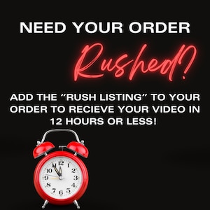 Op de afbeelding: Een rode wekker met witte wijzers en zwarte cijfers ingesteld op 12:00. De wekker staat op een zwarte achtergrond met de tekst "NEED YOUR ORDER Rushed? ADD THE "RUSH LISTING" TO YOUR ORDER TO RECEIVE YOUR VIDEO IN 12 HOURS OR LESS!"