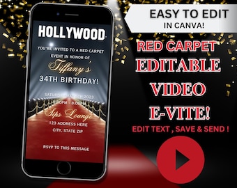 Editable Red Carpet Video Invitation, Video Evite, Red Carpet Party, Video Invite, Hollywood Party theme, Red carpet theme, Movie theme