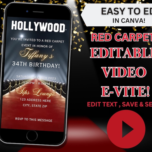 Editable Red Carpet Video Invitation, Video Evite, Red Carpet Party, Video Invite, Hollywood Party theme, Red carpet theme, Movie theme