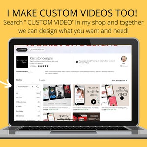 May include: Screenshot of an Etsy shop page showing a variety of custom video options. The shop owner offers custom videos for weddings, birthdays, and other events. The text "I MAKE CUSTOM VIDEOS TOO!" is displayed at the top of the page. The text "Search "CUSTOM VIDEO" in my shop and together we can design what you want and need!" is also displayed.
