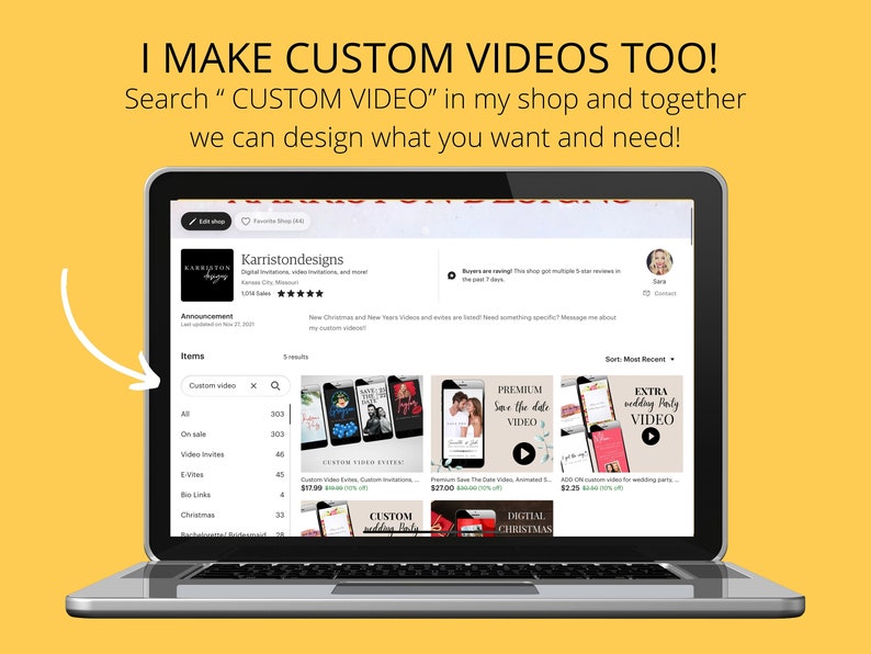 May include: Screenshot of an Etsy shop page showing a variety of custom video options. The shop owner offers custom videos for weddings, birthdays, and other events. The text "I MAKE CUSTOM VIDEOS TOO!" is displayed at the top of the page. The text "Search "CUSTOM VIDEO" in my shop and together we can design what you want and need!" is also displayed.
