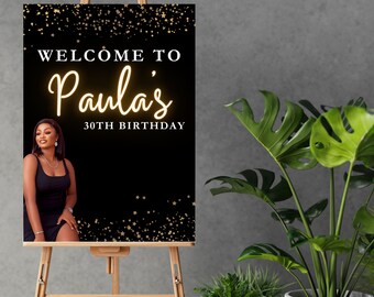 Plantilla editable de cartel de bienvenida de cumpleaños en negro y dorado (Canva)