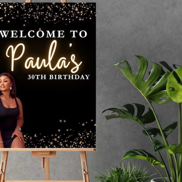Black & Gold Birthday Sign Template, editable  Birthday Sign, Birthday Sign, Canva Template, Birthday Sign with photo, Party welcome Sign