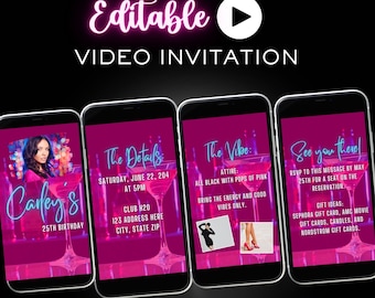 Editable Birthday Video Invite, Cocktail Party Canva Template