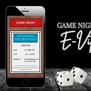 May include: A smartphone screen displaying a game night invitation with the text "GAME NIGHT" and "HOSTED BY THE WILSON'S". The invitation includes the date, time, address, and a note that each player should bring their favorite beverage and snack to share. The phone is on a wooden surface with two white dice.