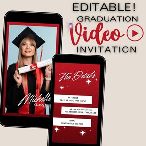 Bewerkbare video-uitnodiging, afstudeervideo, afstudeerfeest, Canva-sjabloon, videosjabloon, video Evite, Grad Evite
