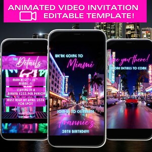 May include: Animated video invitation template displayed on three smartphones. The invitation features neon pink text and a vibrant Miami street scene. Details include the event's location, dates, and RSVP information. The invitation is for Frannie's 28th birthday.