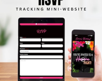 May include: A black and white mobile phone screen displaying a RSVP form with fields for name, phone, email, attendance, and number of guests. The form has a pink "SUBMIT" button. The phone is on a wooden table next to a second phone displaying a colorful invitation to a "Havana Night!" party.