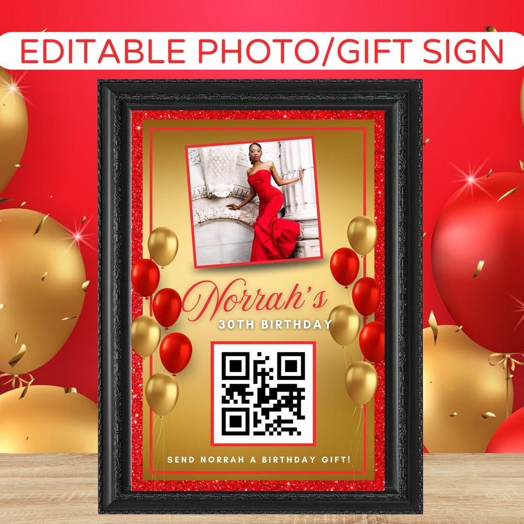 Red & Gold Birthday QR Sign Template, Gift Payment Sign, Payment Scan ...