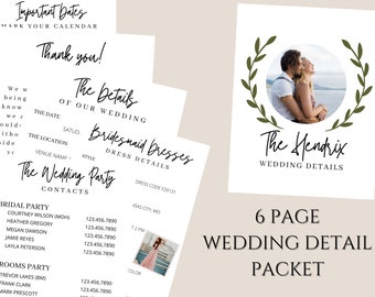 EDITABLE wedding Details Packet 6 pages, Canva Template, Printable Wedding Information Sheet, Wedding Planning Template