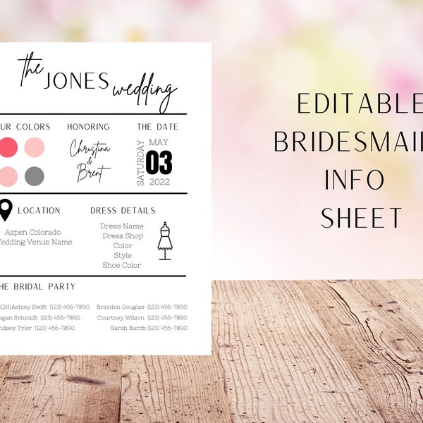 Editable Bridesmaid Info Sheet Template, Bridal Party Information, Wedding Details Sheet, Instant Download, Edit How You Want