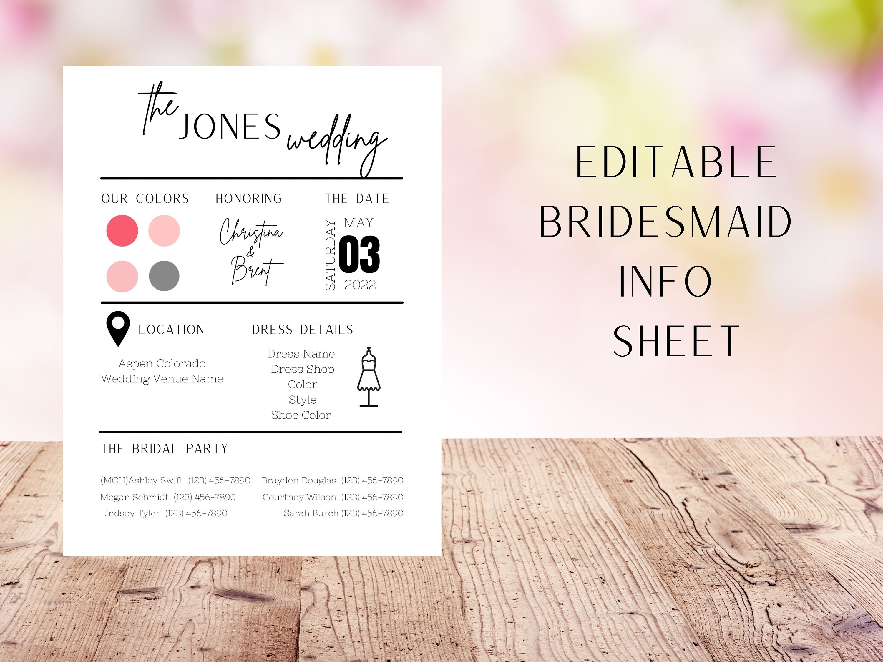 Ochtend gymnastiek bedenken Buitengewoon Editable Bridesmaid Info Sheet Template Bridal Party - Etsy België