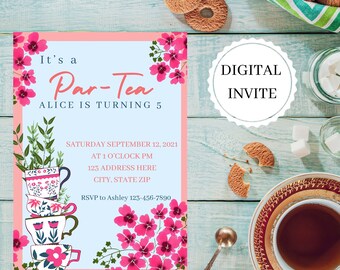 Tea Party Birthday Invitation | Digital Invitation | Canva Template | Canva Invitation