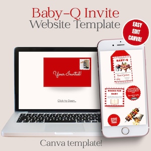 Könnte beinhalten: Ein Laptop und ein Smartphone zeigen eine Baby-Q-Einladungsvorlage. Der Laptop zeigt eine rote Einladung mit "Your Invited!". Das Smartphone zeigt Einladungsbeispiele mit BBQ-Thema und "Books for Baby". Das Design ist als Canva-Vorlage gekennzeichnet.
