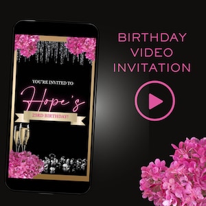 Pink, Schwarz & Gold Video-Einladung, Schwarz und Rosa Video-Einladung, Schwarzweiß einladen, jedes Alter einladen, animierte einladen, Evite