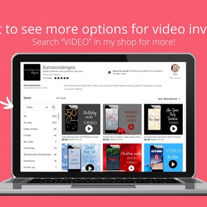 May include: A laptop screen displaying a website with a variety of video invitations for different occasions, including birthdays, holidays, and parties. The website is called "Karristondesigns" and the search bar is highlighted with the word "VIDEO".