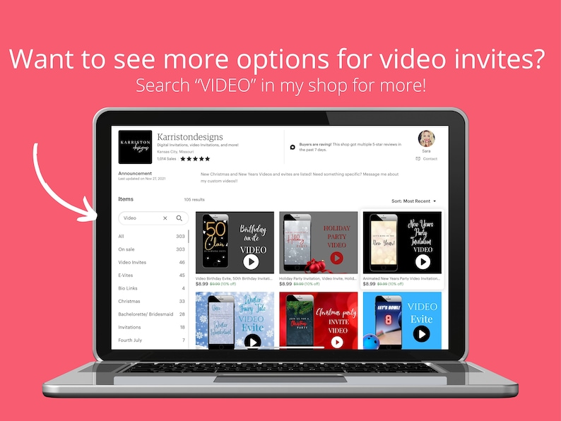 May include: A laptop screen displaying a website with a variety of video invitations for different occasions, including birthdays, holidays, and parties. The website is called "Karristondesigns" and the search bar is highlighted with the word "VIDEO".