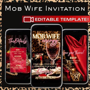 May include: A digital invitation template with the text "MOB WIFE INVITATION" and "EDITABLE TEMPLATE!". The invitation design features three smartphones displaying event details, including date, time, location, and attire. The background has a leopard print.