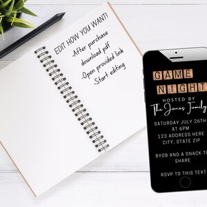 May include: A black and white digital invitation for a game night hosted by the Jones family. The invitation features the words "Game Night" in a wooden block font. The invitation includes the date, time, address, and RSVP information.