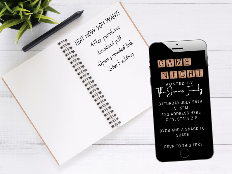 May include: A black and white digital invitation for a game night hosted by the Jones family. The invitation features the words "Game Night" in a wooden block font. The invitation includes the date, time, address, and RSVP information.