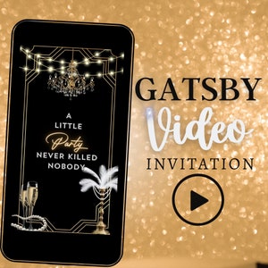 Gatsby Video Invite, Thema der Roaring 20er Jahre, Video Evite, Videoeinladung, 1920er Themenparty, Schwarz-Gold Invite, 1920er Einladung
