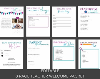 May include: An 8-page teacher welcome packet with a pink and teal color scheme. The packet includes sections for classroom schedule, school supplies, important dates, how to contact the teacher, parent questionnaire, and favorite things.