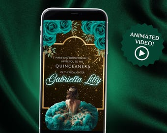 Video de invitación animada para quinceañeras, invitación para fiesta verde esmeralda con foto, Evite, invitación de texto, invitación de cumpleaños para quinceañeras