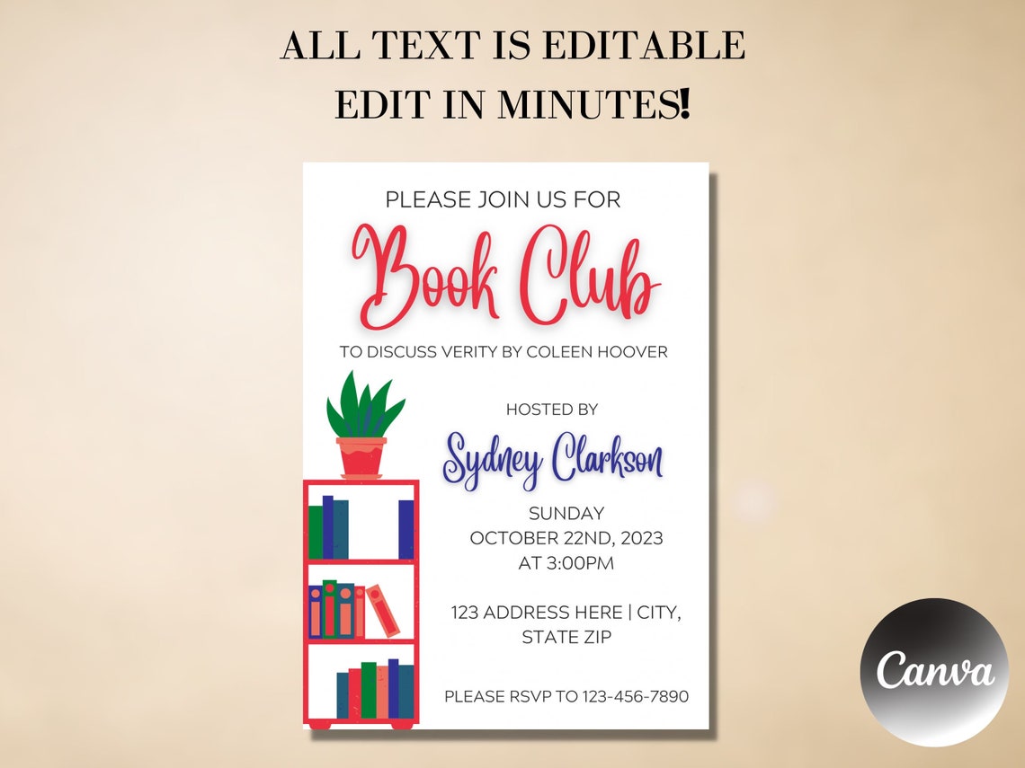 Editable Book Club Invitation Invitation Template Book Club Etsy