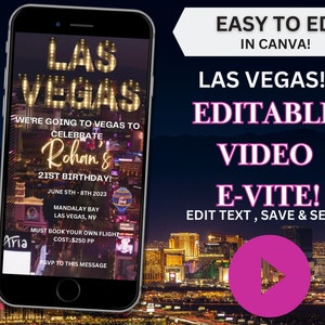 Invitación de video editable de Las Vegas, cumpleaños de Las Vegas, despedida de soltera de Las Vegas, plantilla de Canva, plantilla de video, invitación animada de Evite