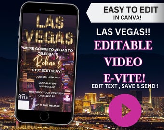 Bearbeitbare Vegas Video Invite, Las Vegas Geburtstag, Vegas Bachelorette, Vegas Junggesellenabschied, Canva Template, Video Template, Animierte Evite