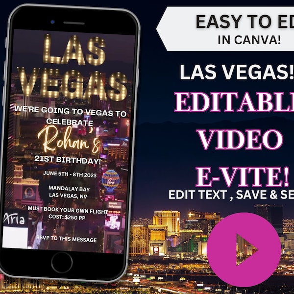 Invitación de vídeo editable en Las Vegas, cumpleaños de Las Vegas, despedida de soltera en Las Vegas, despedida de soltero en Las Vegas, plantilla Canva, plantilla de vídeo, Evite animado