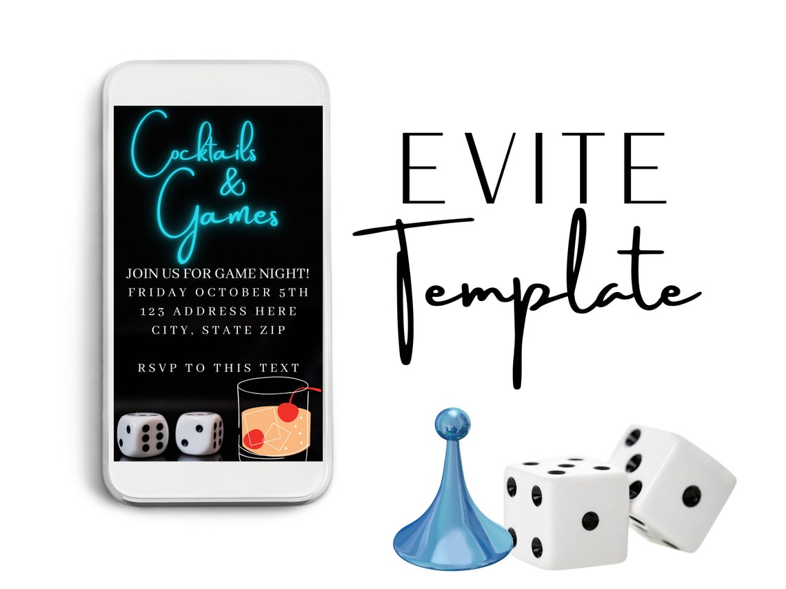 Game Night Evite Text Invitation Cocktails and Games Canva Etsy