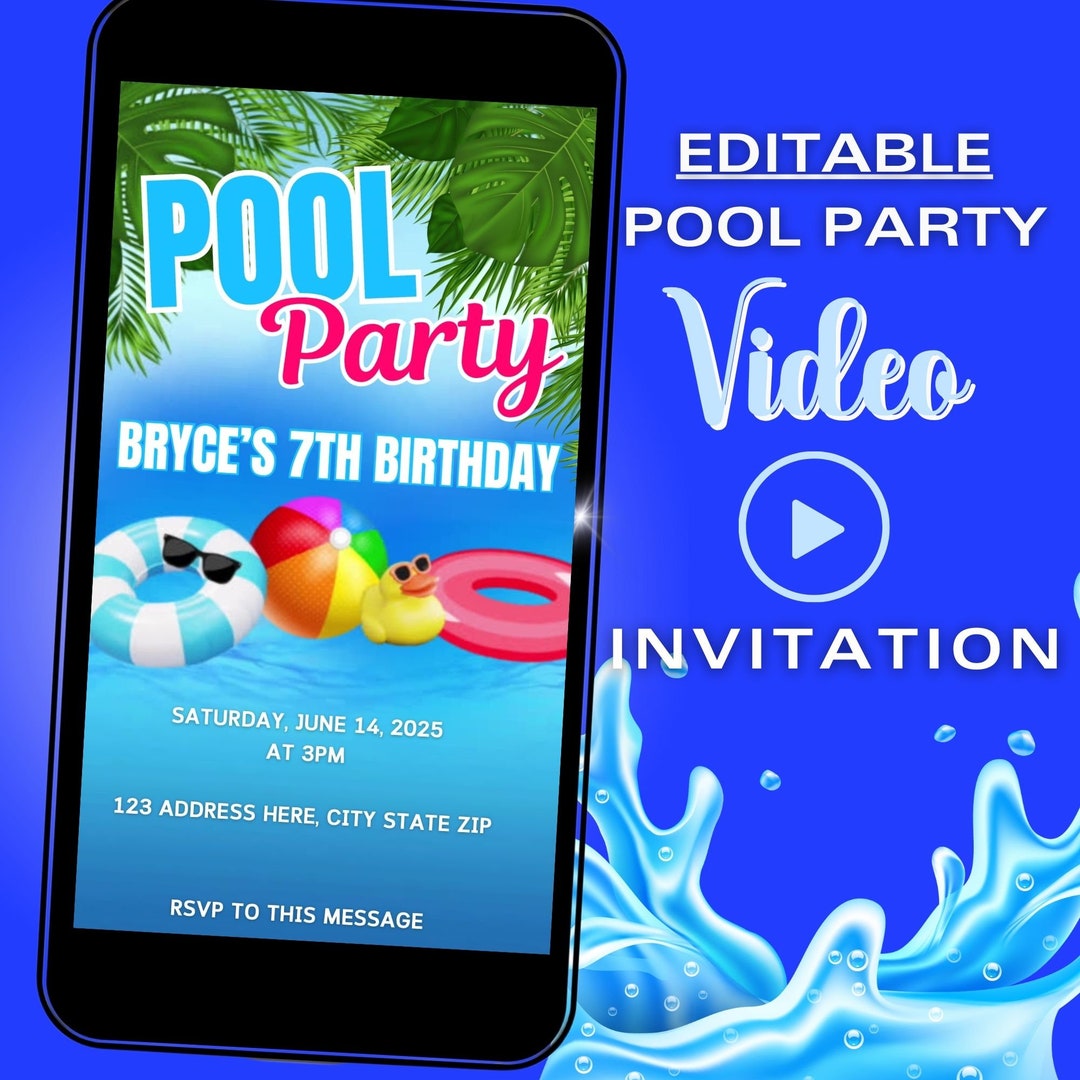 Editable Pool Party Video Invitation, Pool Party Birthday Evite ...